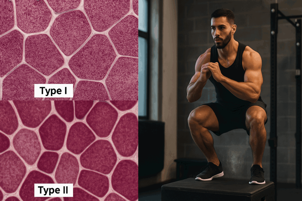 Split-screen showing muscle fiber types and explosive training to illustrate strength adaptation and fitness goals for men.