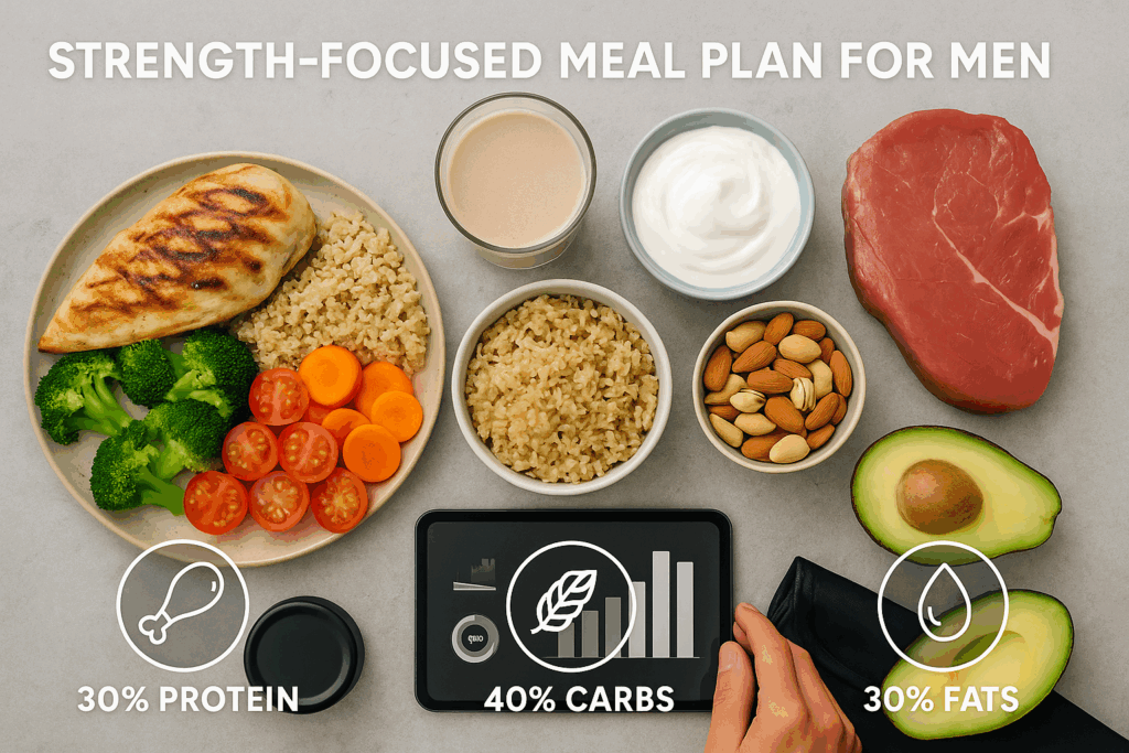 Balanced strength meal with lean meat, grains, vegetables, and protein shake designed to support fitness goals for men.
