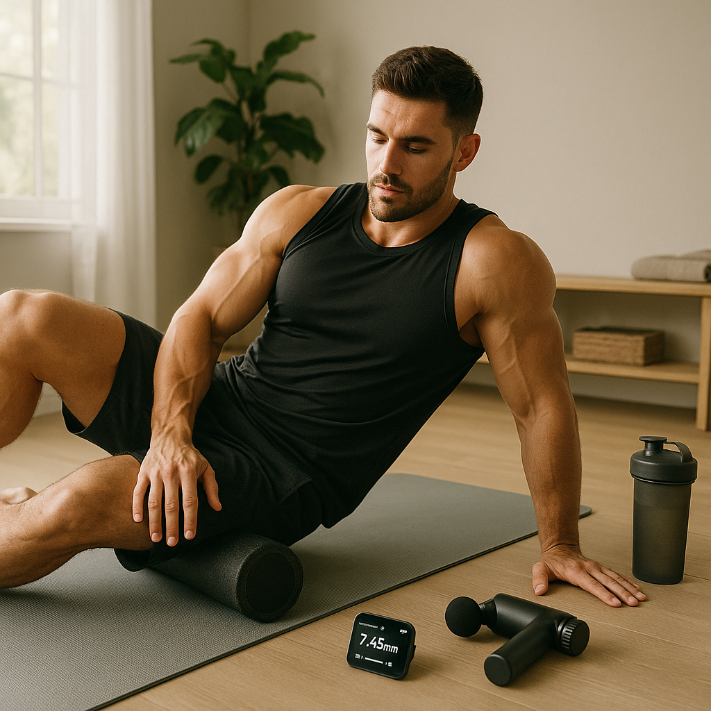 Muscular man foam rolling in a home gym with a massage gun, protein shake, and smartwatch, supporting recovery and fitness goals for men.