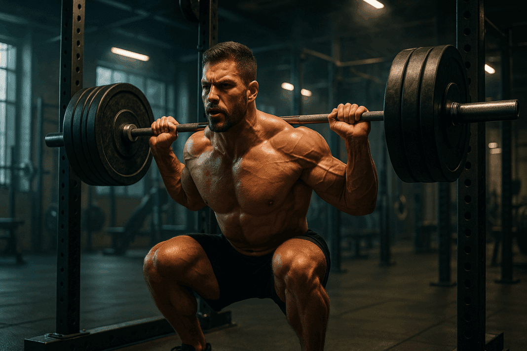 Muscular man performing a heavy barbell squat in a modern gym under dramatic lighting for a ten week workout plan.