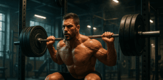 The Ultimate Ten Week Workout Plan for Powerful Strength Gains Muscular man performing a heavy barbell squat in a modern gym under dramatic lighting for a ten week workout plan.