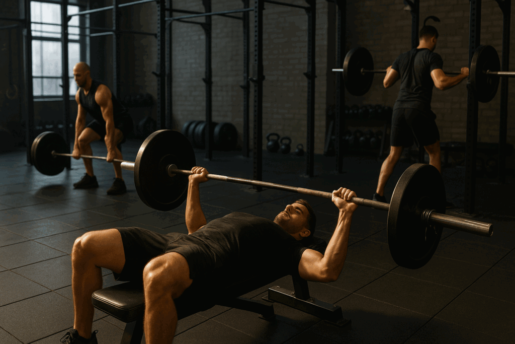 Athletes following a ten week workout plan performing bench press, deadlifts, and squats in a fully equipped gym.