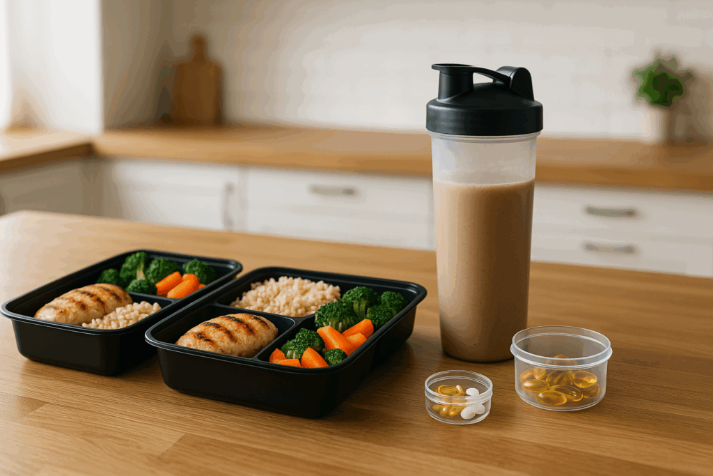 High-protein meal prep with grilled chicken, brown rice, vegetables, and supplements planned for a ten week workout plan.