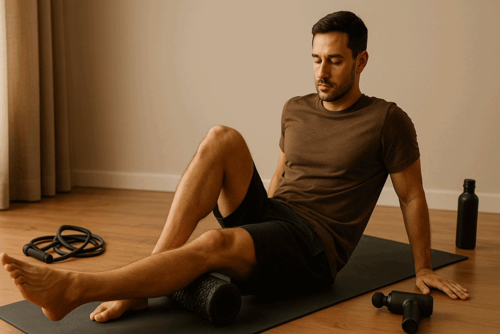 Athlete using a foam roller in a calm room surrounded by recovery tools, emphasizing rest in a ten week workout plan.