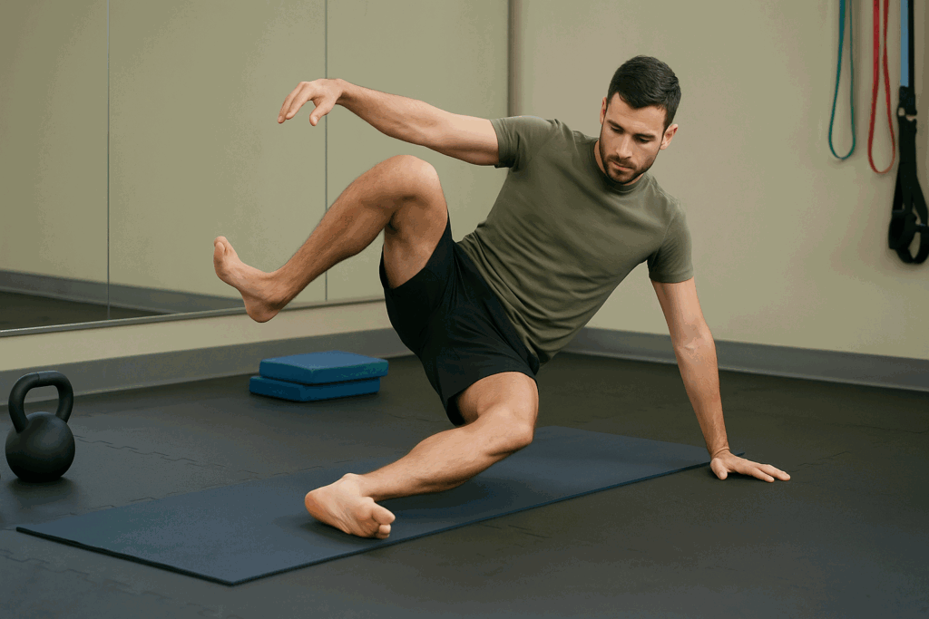 Athletic man performing dynamic hip mobility drill with kettlebells and bands in a gym during a ten week workout plan.