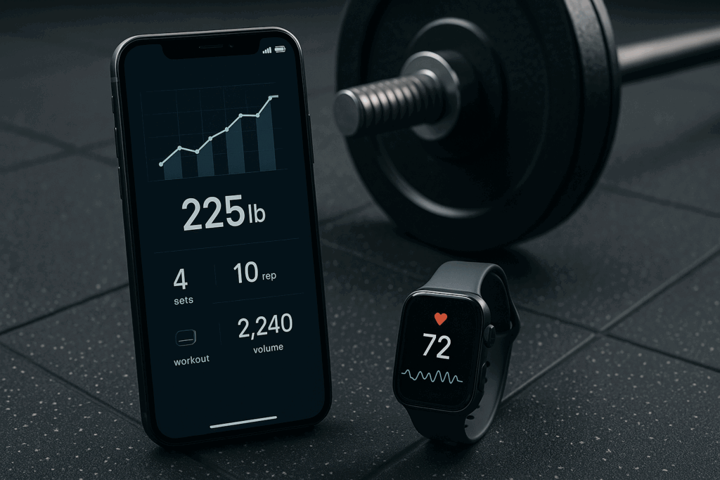 Smartwatch and smartphone displaying workout data with a barbell in a modern gym, highlighting tech integration in a ten week workout plan.