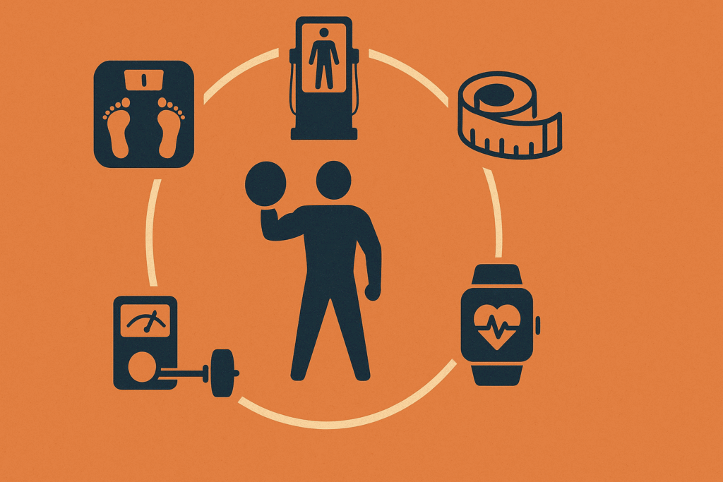 Infographic showing fitness tracking tools like scale, tape measure, and heart monitor surrounding a person to support a ten week workout plan.