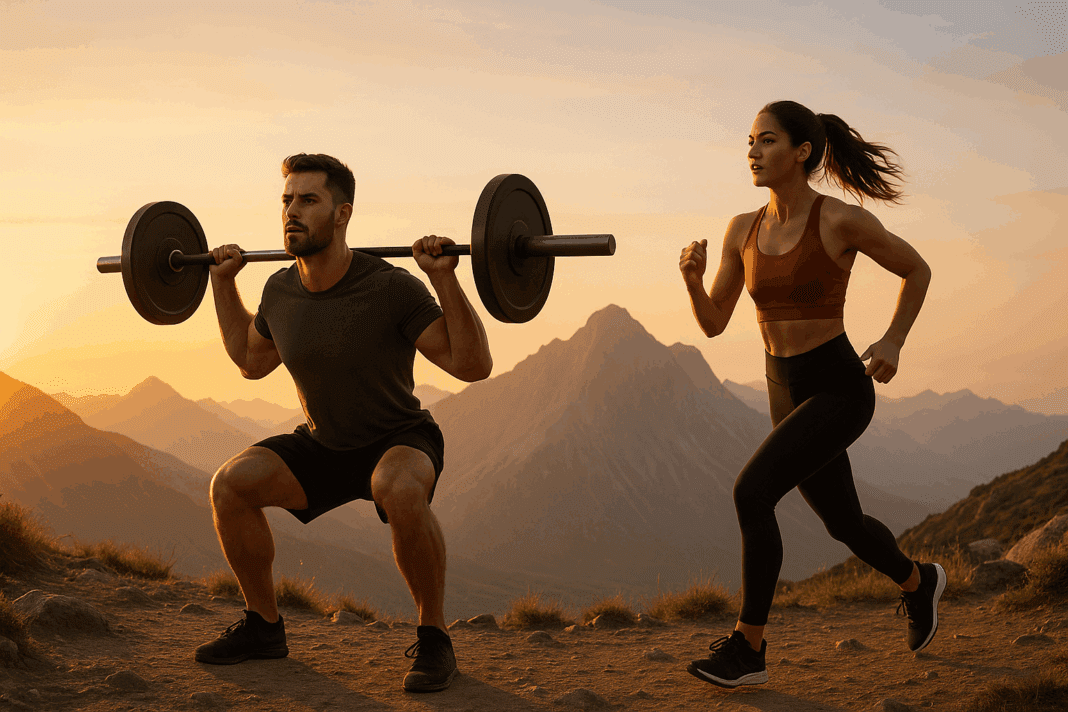 The Ultimate Weekly Plan Master Your Running and Strength Training Weekly Schedule for Peak Results_01 Barbell squat and trail running at sunrise in mountains, showcasing a running and strength training weekly schedule.