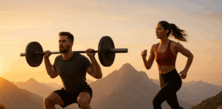 Barbell squat and trail running at sunrise in mountains, showcasing a running and strength training weekly schedule.