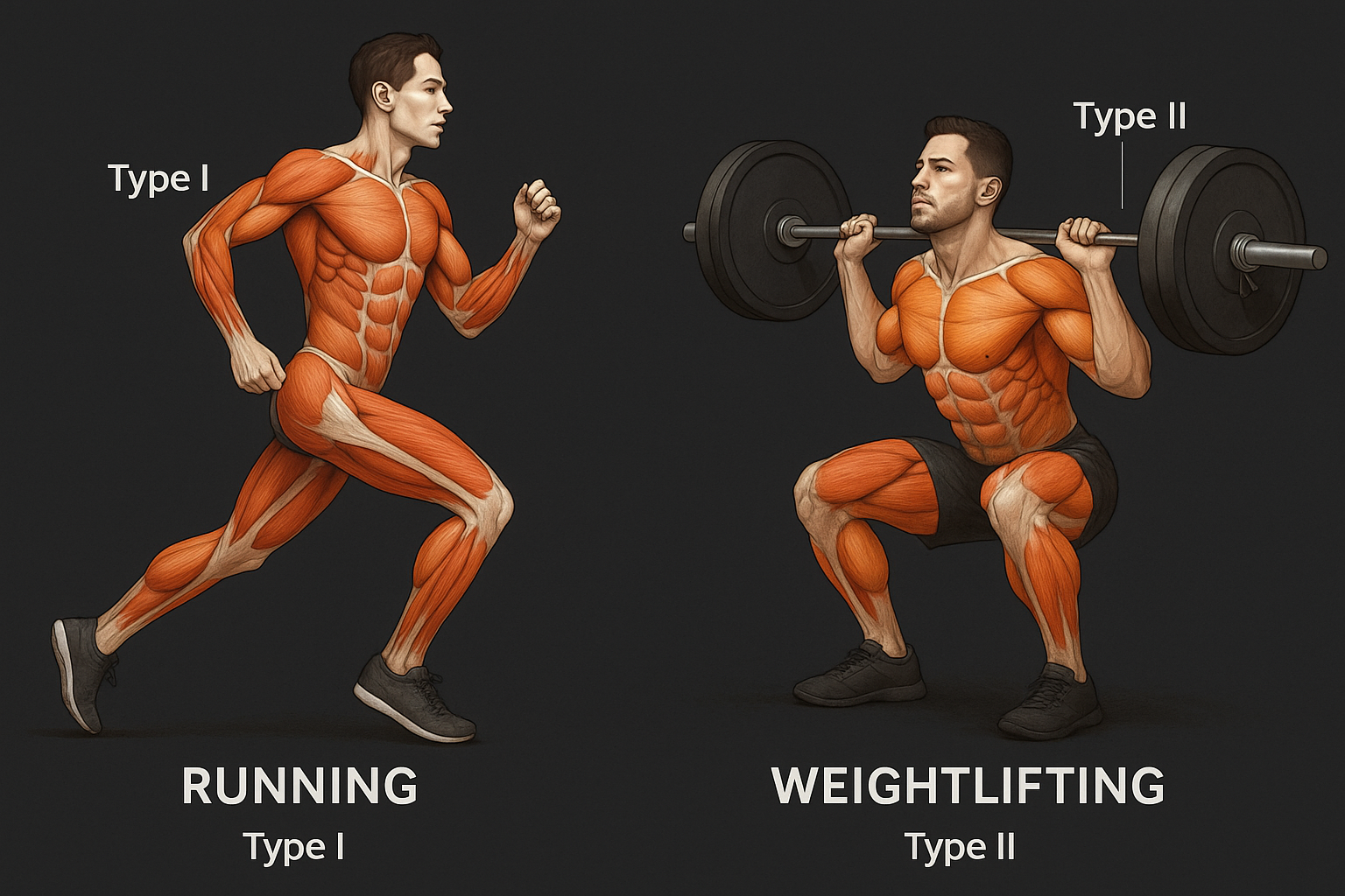 Side-by-side anatomical illustration comparing muscle activation in running and weightlifting, visualizing a running and strength training weekly schedule.