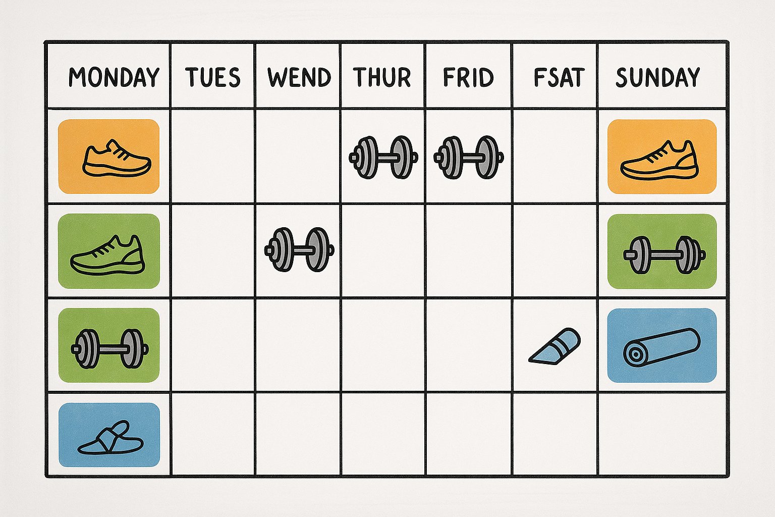 Whiteboard-style grid with icons for running, lifting, and recovery days representing a running and strength training weekly schedule.