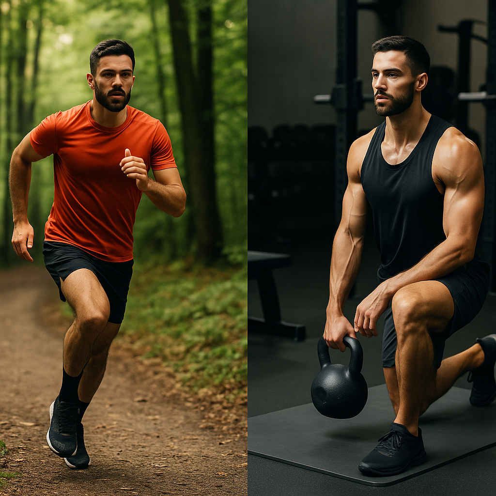 Split image of a man trail running and doing kettlebell lunges to illustrate a balanced running and strength training weekly schedule.