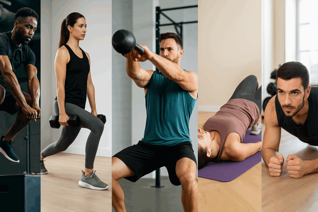 Collage of athletes performing key moves from a running and strength training weekly schedule, including planks and box jumps.