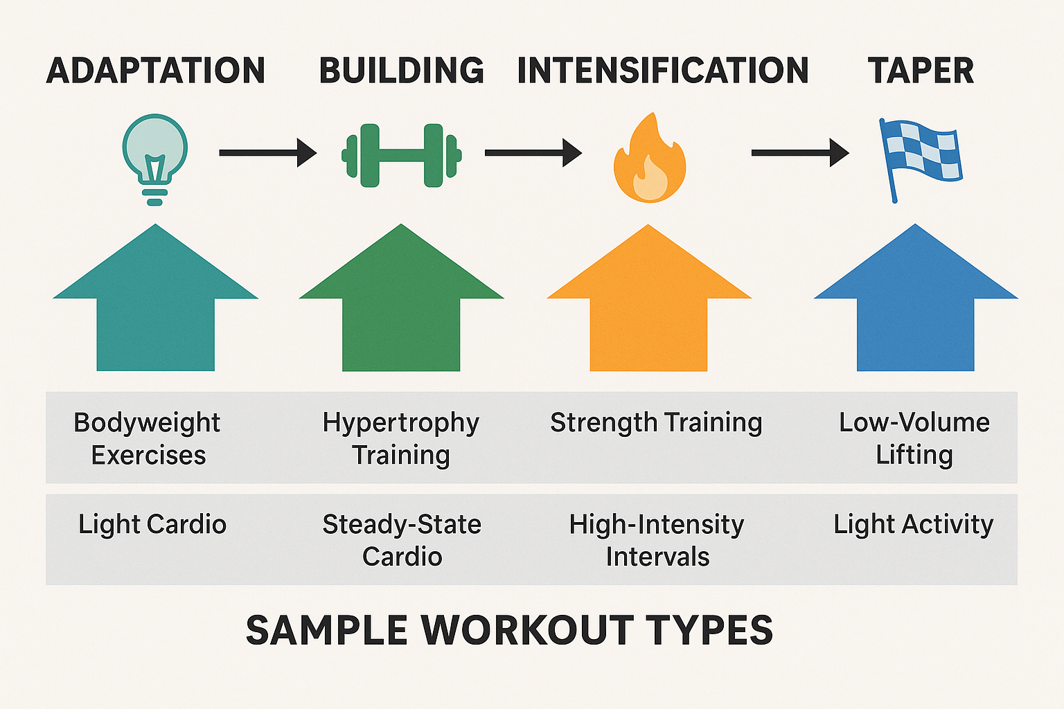 Infographic showing four-phase progression—adaptation, building, intensification, and taper—with icons and workout types for a running and strength training weekly schedule.