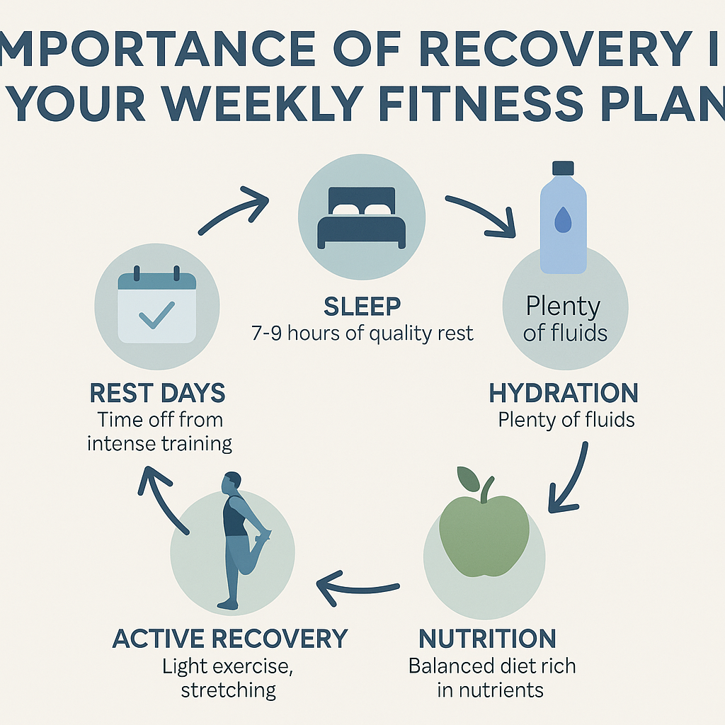 Infographic showing recovery cycle components in a running and strength training weekly schedule, including sleep, nutrition, hydration, and rest days.