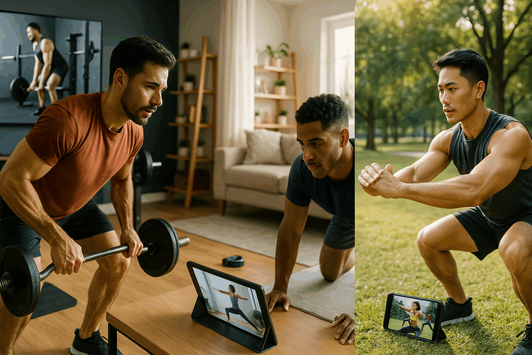 Top 10 Powerful Exercise Videos for Men to Build Strength and Boost Fitness_01 Three men working out in a home gym, living room, and park while following exercise videos for men on TV, tablet, and smartphone.