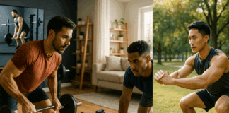 Top 10 Powerful Exercise Videos for Men to Build Strength and Boost Fitness Three men working out in a home gym, living room, and park while following exercise videos for men on TV, tablet, and smartphone.