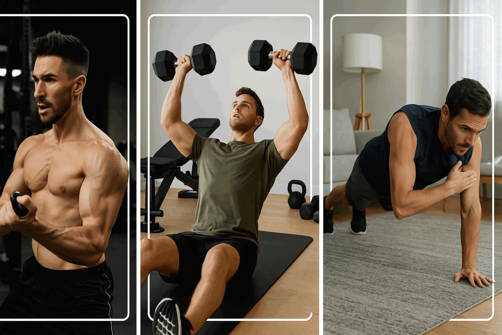 Three men in varied gym and home settings performing strength movements inspired by expert-led exercise videos for men.
