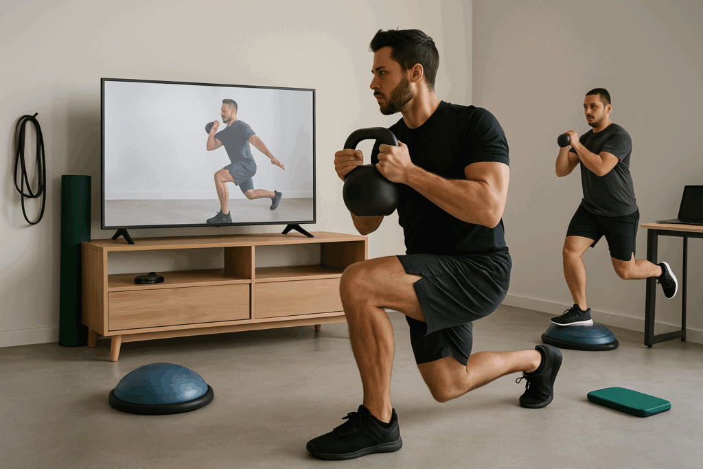Man performing kettlebell lunges in a home gym while following exercise videos for men on a TV screen with functional training tools.