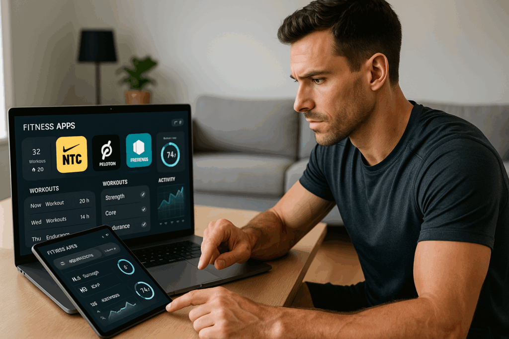 Man browsing fitness dashboard with top exercise videos for men on tablet and laptop, showing app icons and workout metrics.