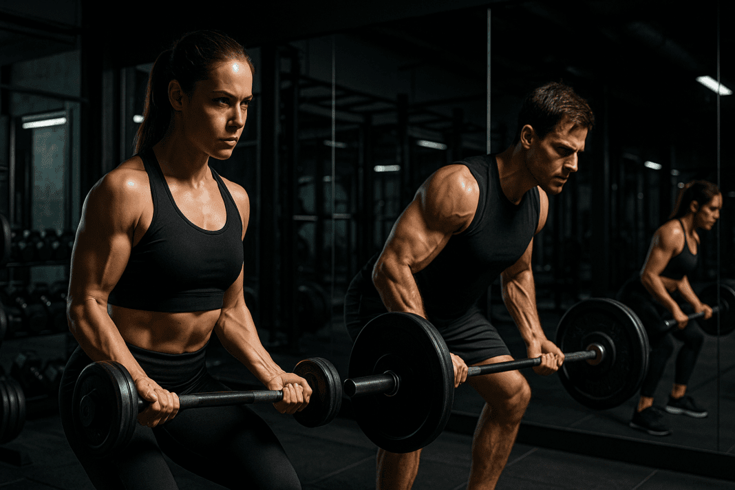 Determined man and woman performing heavy barbell lifts in a modern gym for a 12 week workout plan for men.