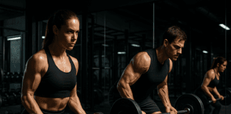 Determined man and woman performing heavy barbell lifts in a modern gym for a 12 week workout plan for men.