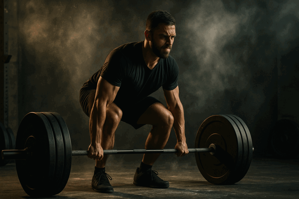 Man lifting a heavy barbell in a gritty gym, symbolizing strength progression during a 12 week workout plan for men.