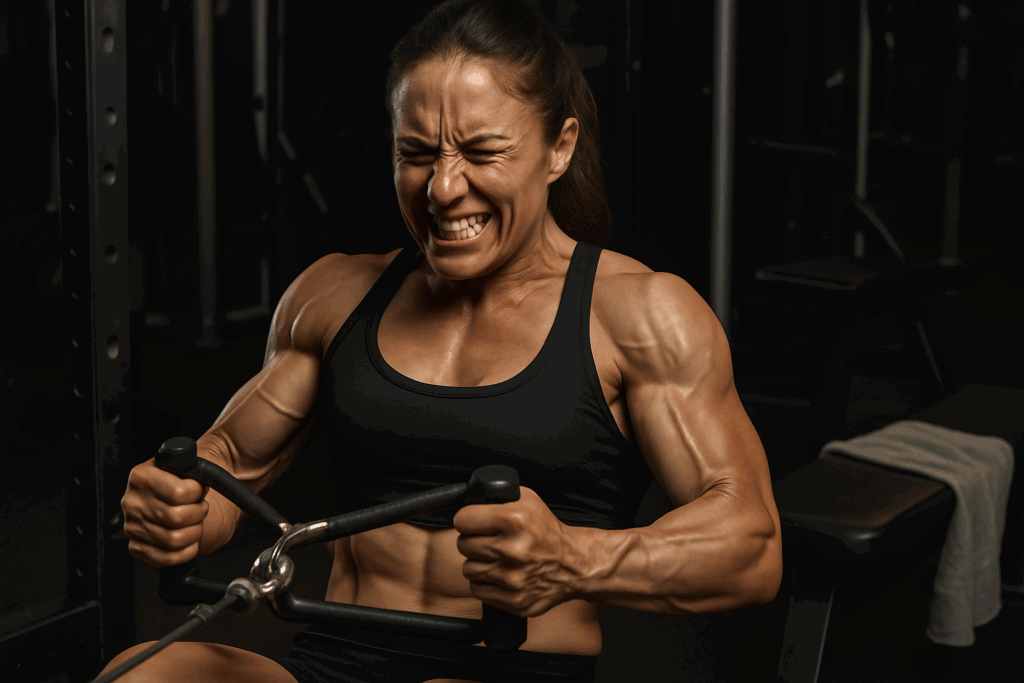 Woman demonstrating peak effort on cable row during final phase of 12 week workout plan for men in high-intensity gym setting.