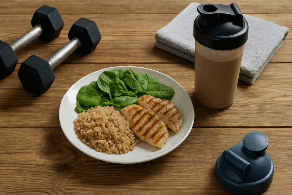 Grilled chicken, quinoa, and greens with a protein shake and dumbbells as a post-meal setup for a 12 week workout plan for men