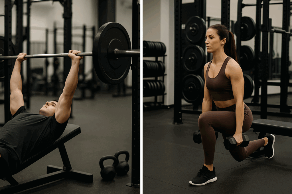 Man lifting a barbell and woman doing Bulgarian split squats in a gym, demonstrating upper and lower body training for a 12 week workout plan for men.