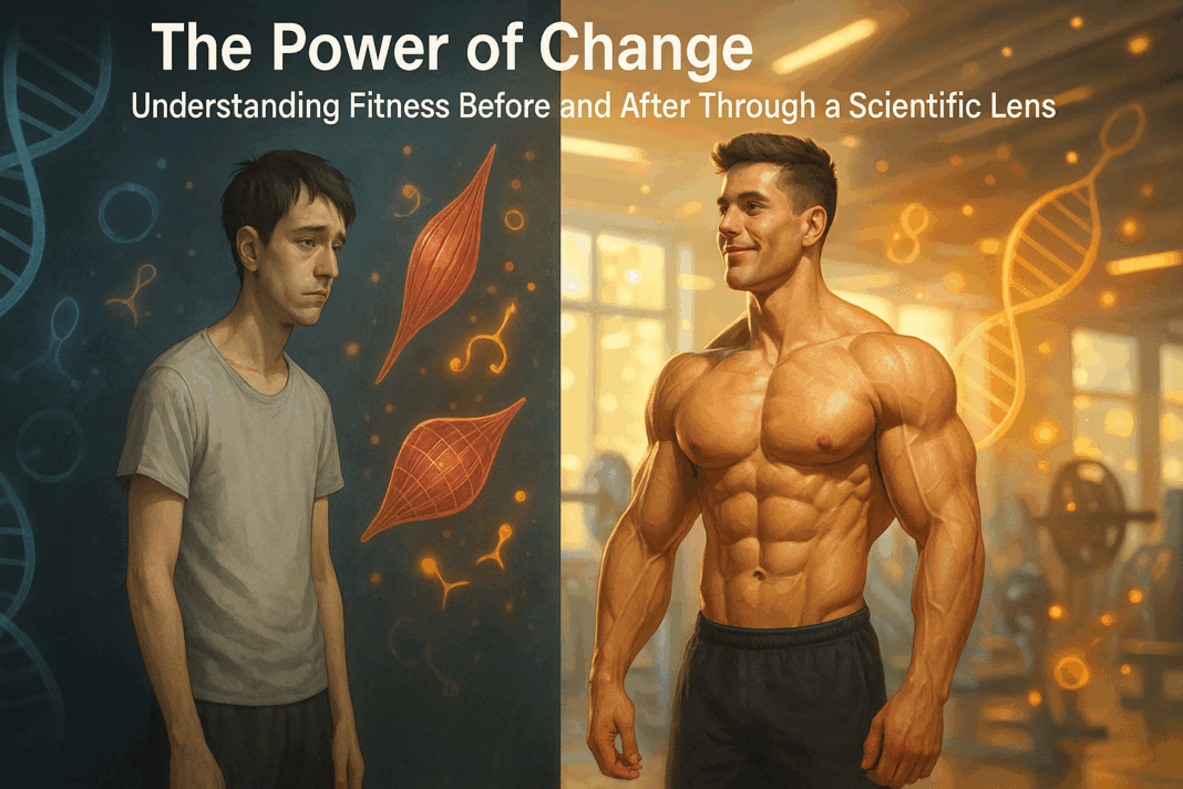 Split-screen showing fitness before and after transformation of a man, with visible muscle growth, improved posture, and science-inspired visuals.
