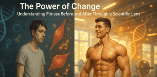 Transformative Muscle-Building Results: Real Fitness Before and After Journeys Backed by Strength Science Split-screen showing fitness before and after transformation of a man, with visible muscle growth, improved posture, and science-inspired visuals.