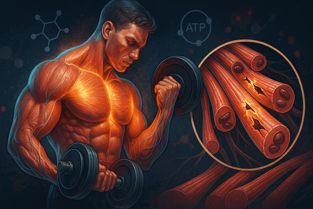 Muscular man lifting weights with glowing muscle fibers and microscopic view of hypertrophy, symbolizing fitness before and after transformation
