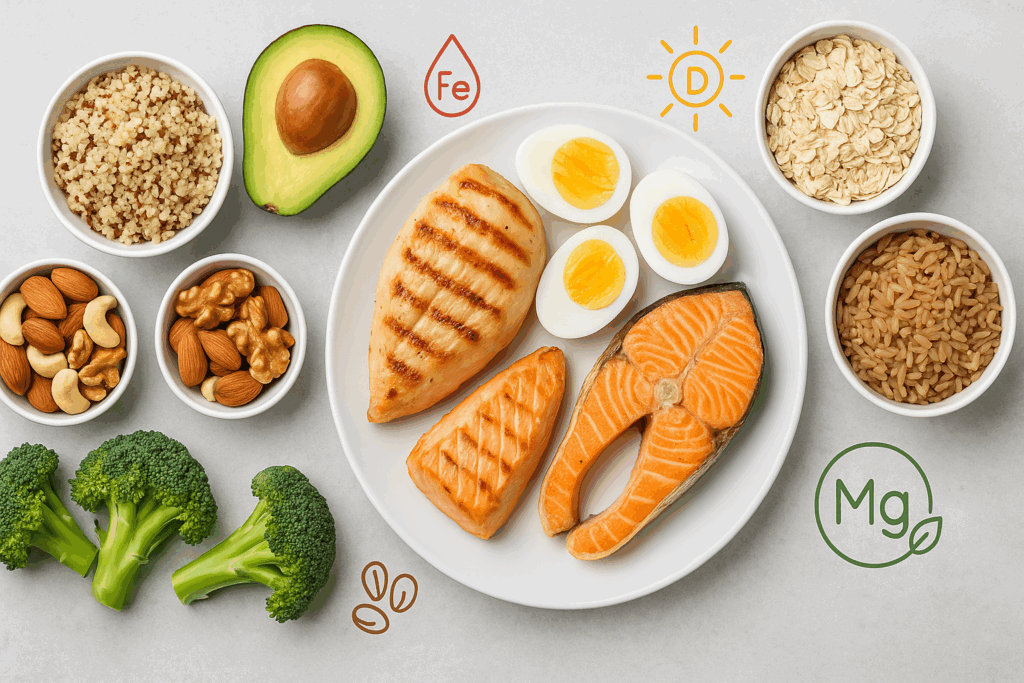 Balanced muscle-building meal with protein, carbs, and healthy fats, ideal for fitness before and after results.