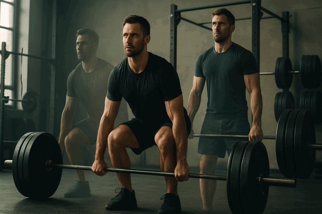Man demonstrating compound deadlifts in a gym, visually progressing through reps to illustrate fitness before and after results.