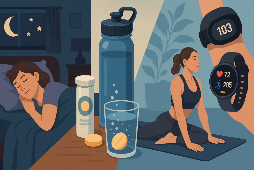 Collage of sleep, hydration, mobility exercises, and fitness wearables symbolizing a balanced lifestyle during a fitness before and after journey.