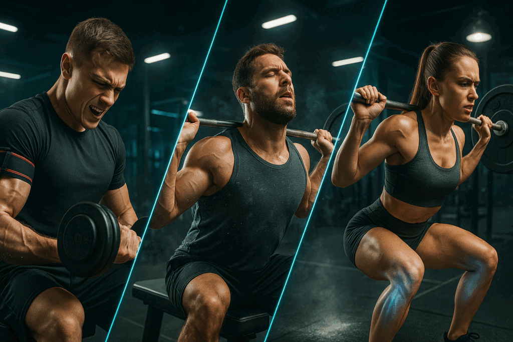 Three athletes demonstrate advanced training techniques—blood flow restriction, rest-pause, and eccentric overload—in a high-tech gym, capturing the intensity of fitness before and after transformation.