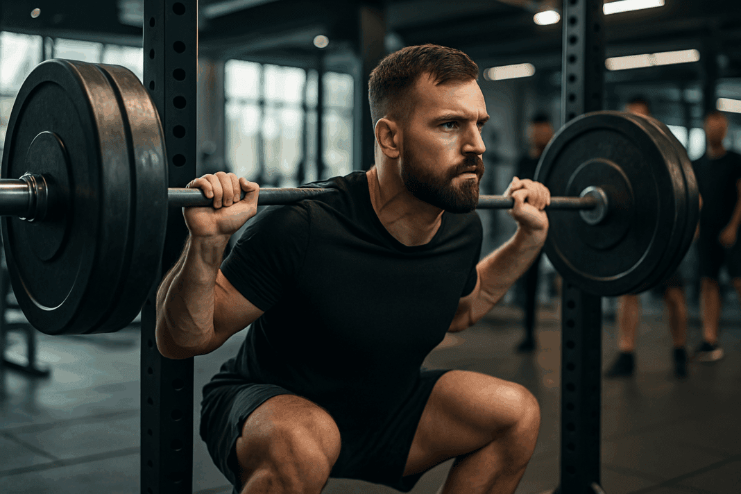 Unlock Peak Strength with This Expert-Designed 12 Week Powerlifting Program PDF_01 Focused powerlifter mid-squat with loaded barbell in modern gym, illustrating intensity and structure in a 12 week powerlifting program pdf.