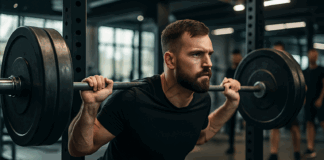 Focused powerlifter mid-squat with loaded barbell in modern gym, illustrating intensity and structure in a 12 week powerlifting program pdf.