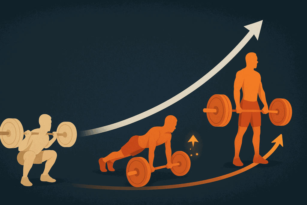 Three-stage illustration showing a lifter progressing from squat to push-up to deadlift, symbolizing a 12 week powerlifting program pdf structure.