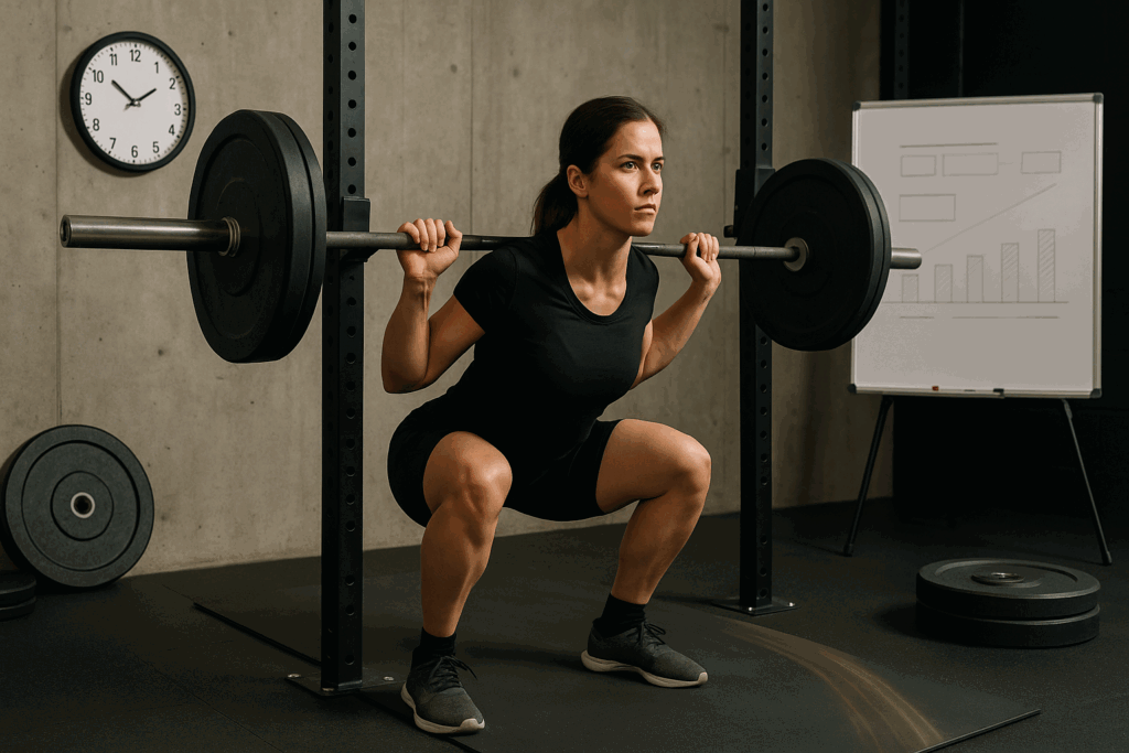 Male athlete squatting in a gym with clock, weight plates, and a visual whiteboard plan symbolizing a 12 week powerlifting program pdf.