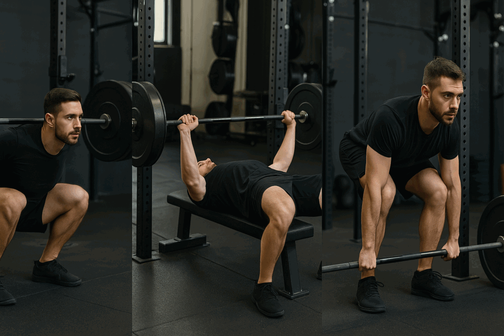 Man performing squat, bench press, and deadlift in sequence to illustrate key lifts in a 12 week powerlifting program pdf routine.