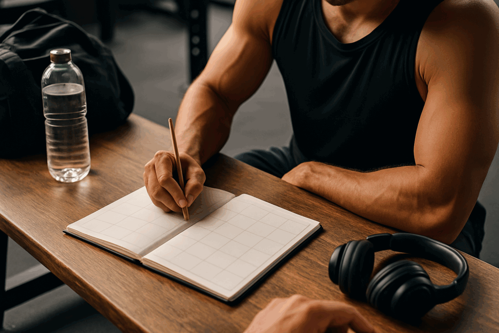 Man planning a 12 week powerlifting program PDF in a blank calendar at a gym table with headphones, water, and gym bag nearby.