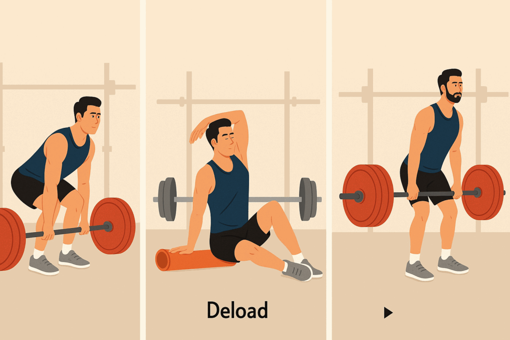 Triptych showing a man deadlifting heavier weights, deloading with a foam roller, then lifting again stronger—visualizing a 12 week powerlifting program pdf.