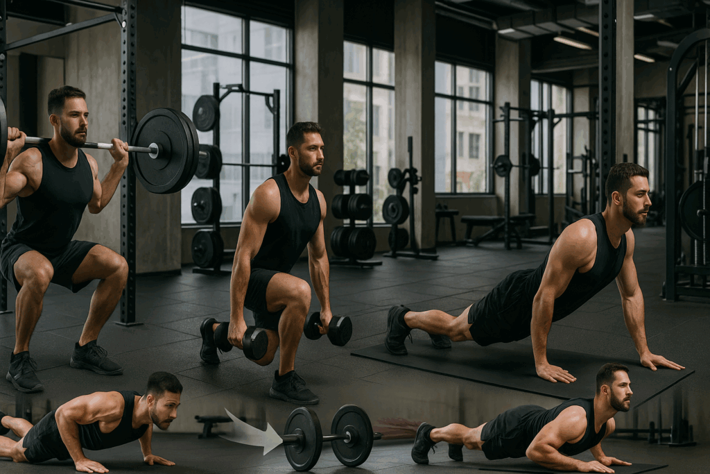 Man performing barbell squats, dumbbell lunges, glute bridges, and cable rows in sequence, ideal for a 12 week powerlifting program pdf focus.