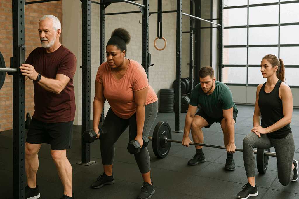 Diverse lifters adjusting equipment and modifying exercises in a gym to customize a 12 week powerlifting program pdf.