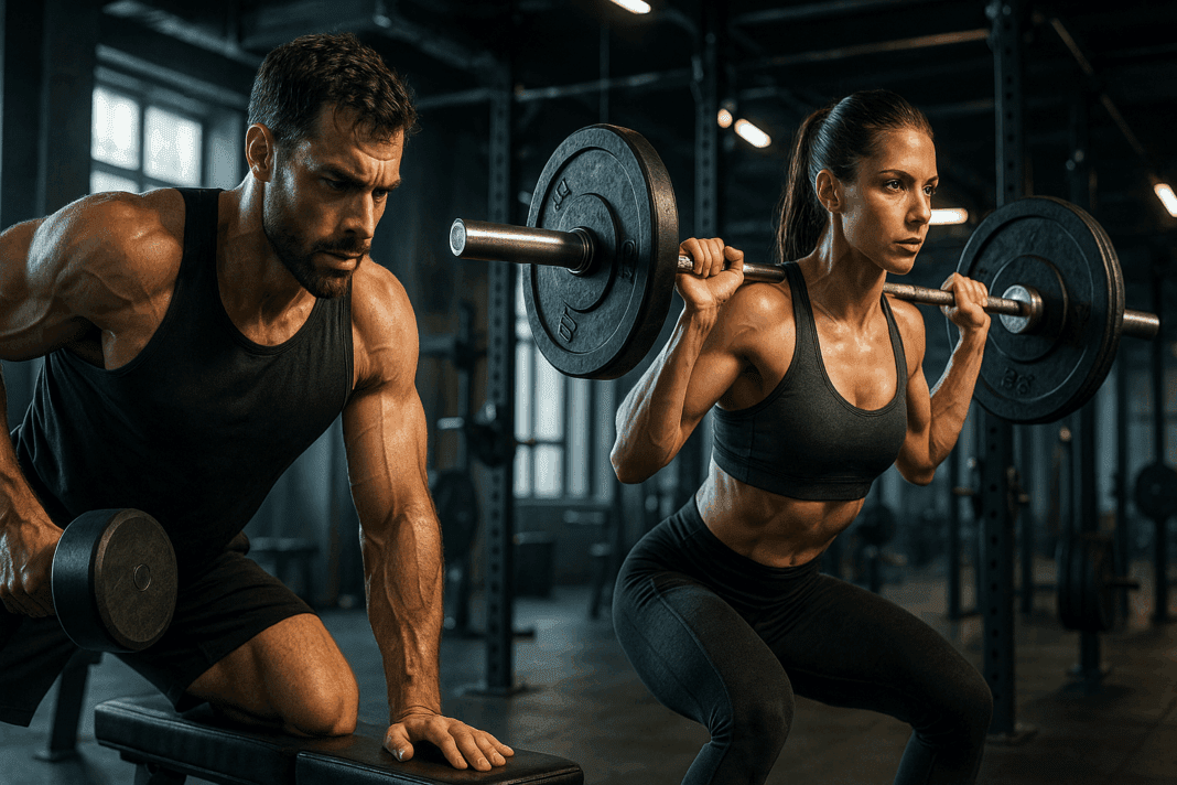 Unlock Powerful Gains with This Advanced Workout Routine for Maximum Muscle Growth001 Male and female athletes performing an advanced workout routine with heavy weights in a modern gym setting.
