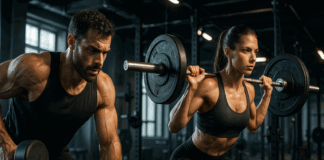 Male and female athletes performing an advanced workout routine with heavy weights in a modern gym setting.
