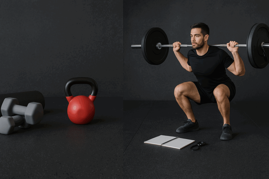 Side-by-side comparison of a basic workout setup and an advanced workout routine with heavy barbell squats and training tools