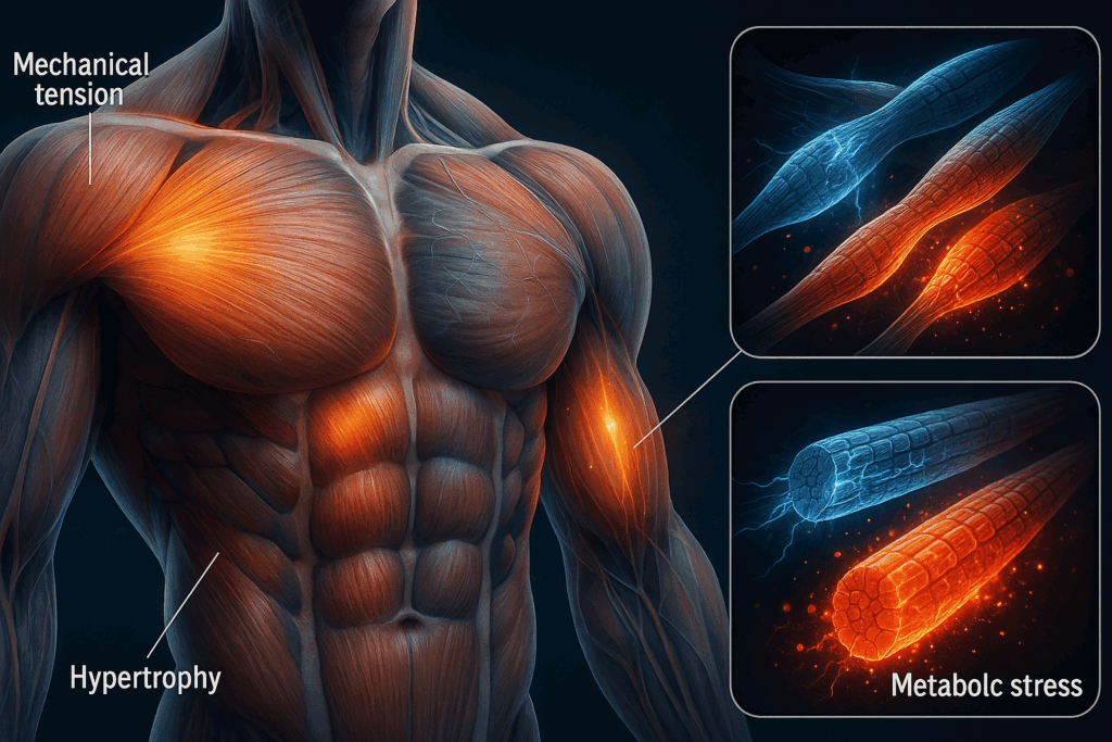 Anatomical visualization of upper-body muscles activated during an advanced workout routine, showing fiber recruitment and hypertrophy effects.